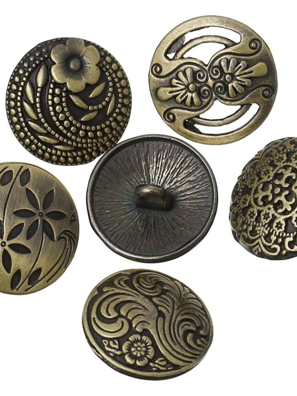 Shank Button - 30 Pack, 6 of Each Assorted Design, Carved Bronze Tone Metal, Mix